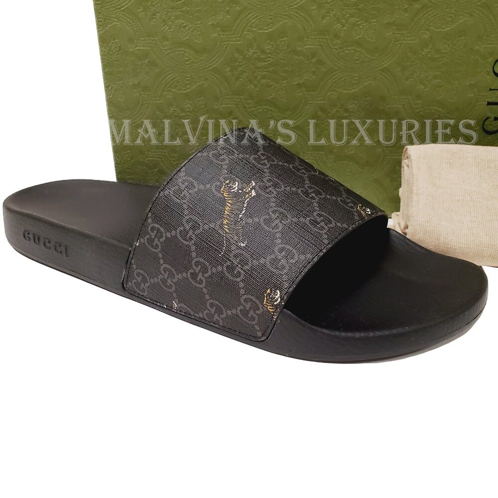 GUCCI SHOES MENS GG SUPREME CANVAS LOGO TIGER SLIDES SANDALS Size 9/ US 9.5 - Picture 14 of 15